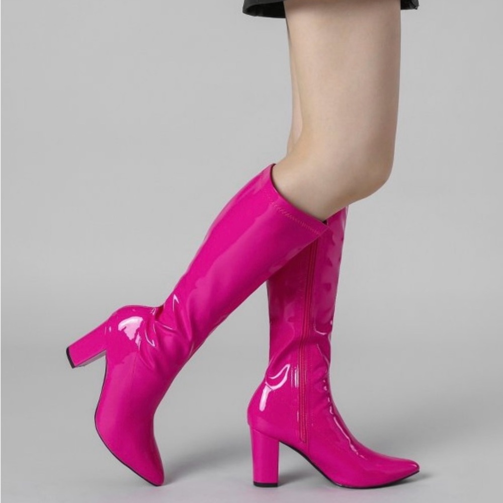 Perphy women’s patent leather chunky heel knee high boots size 8